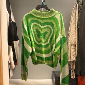 H&M Green and White Cowl Neck Sweater with Butterfly Geometirc Pattern